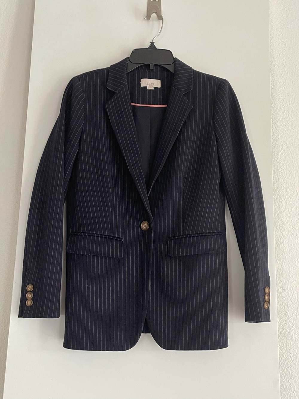 LOFT Ann Taylor Blazer Classic Navy/Grey Pinstripe Dark Academia NWOT